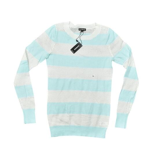 Express Blue & White Pullover Sweater XS New With Tags Striped Mesh Long Sleeve - Picture 1 of 8